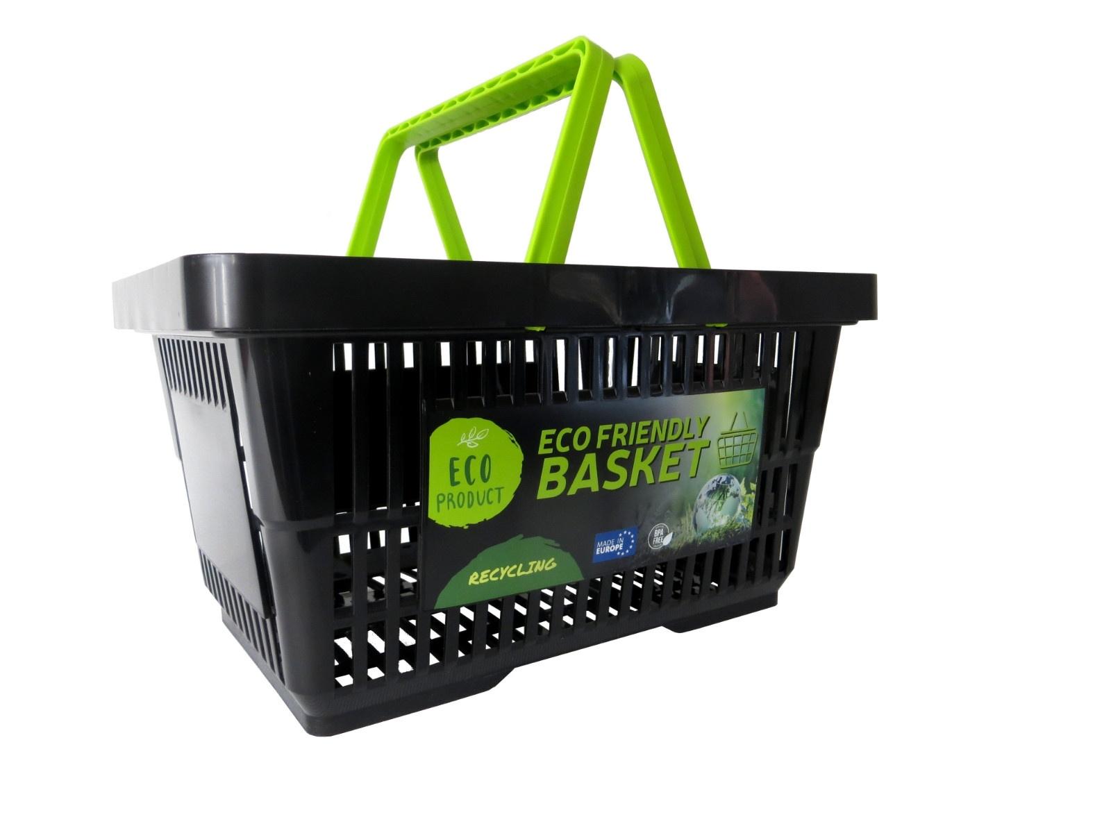 Coș de cumpărături negru din plastic reciclat, cu mânere verzi 1Coș de cumpărături negru din plastic reciclat, cu mânere verzi 1