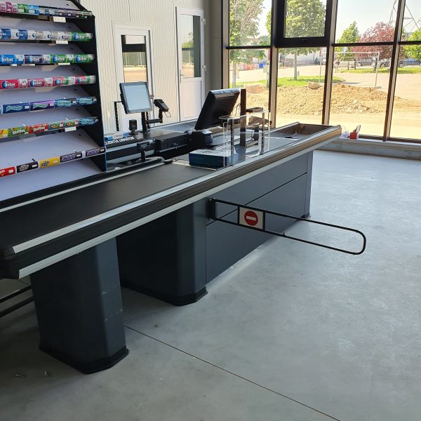 Masă casă de marcat cu bandă transportoare și bazin posterior larg pentru supermarket 5